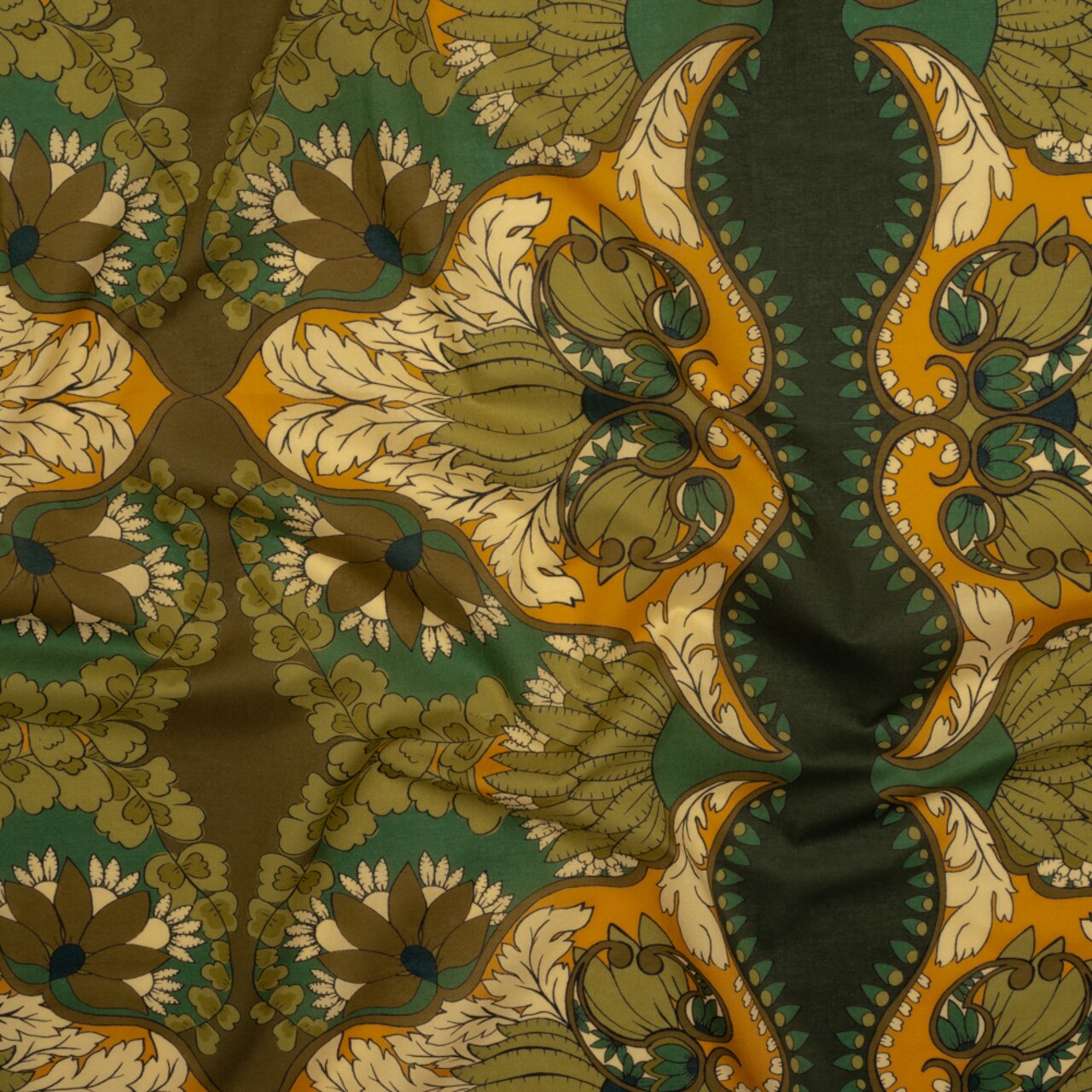 1 Yard Cotton Voile Fabric Olive Green Teal and Mango Orange Wavy Floral Stripes Nymphs Harvest Print